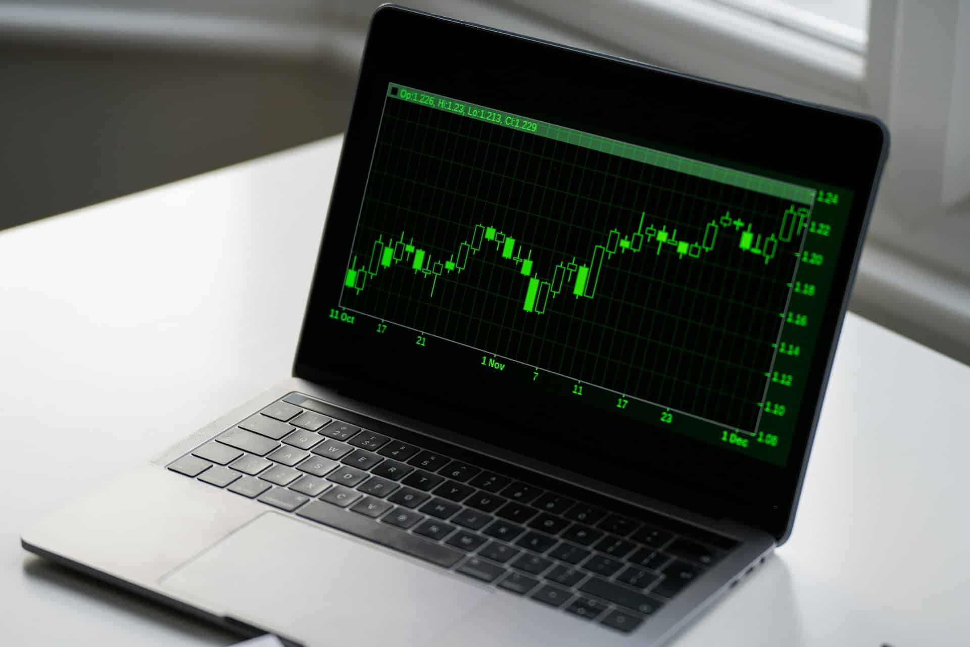 Laptop displaying a green candlestick stock chart on a dark screen, showing market price fluctuations over time.