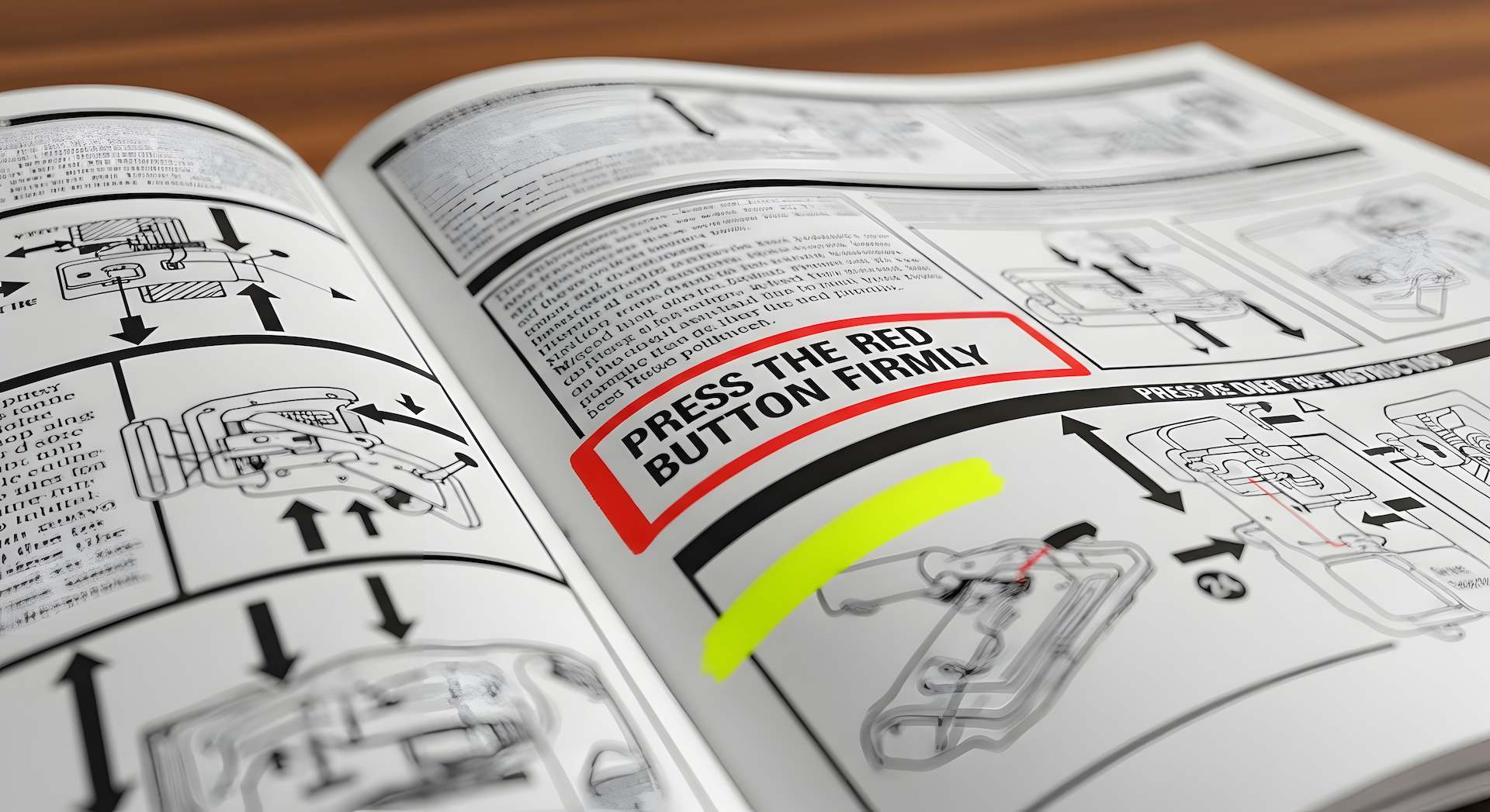 Close-up of an open instruction manual showing diagrams and step-by-step directions, with a highlighted section reading “Press the red button firmly” and arrows indicating movement.