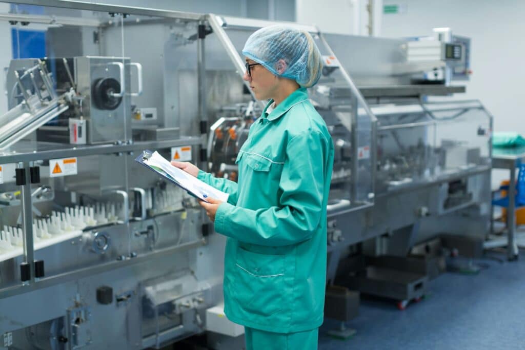 Pharmaceutical manufacturing professional reviewing documentation on a clipboard beside production equipment.