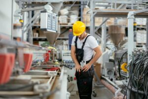 Factory worker wearing a yellow hard hat and black overalls beside industrial machinery and control panels.